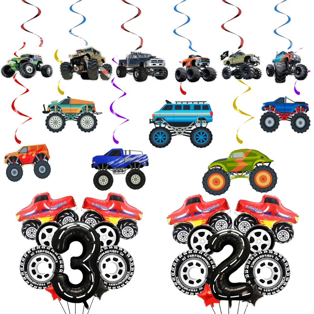 Monster Truck Hanging Swirls Party Hanging Decoration Boys Birthday Truck Number Foil Balloon Monster Truck Party Supplies