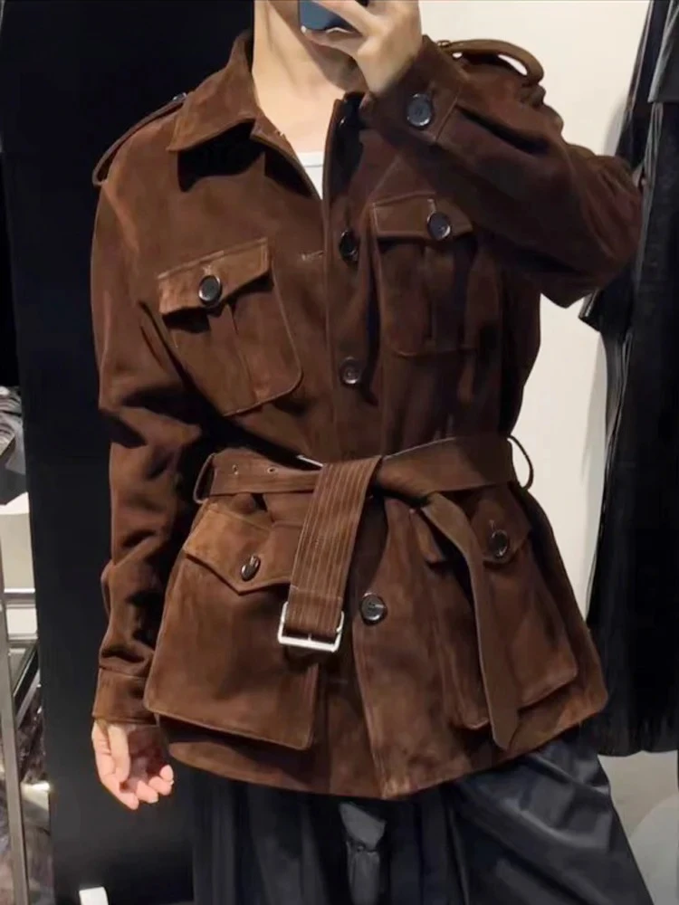 Giacca lunga in pelle scamosciata per bambini importata da donna retrò 2025 Giacca invernale in vera pelle retrò color cioccolato Cintura Midi Street