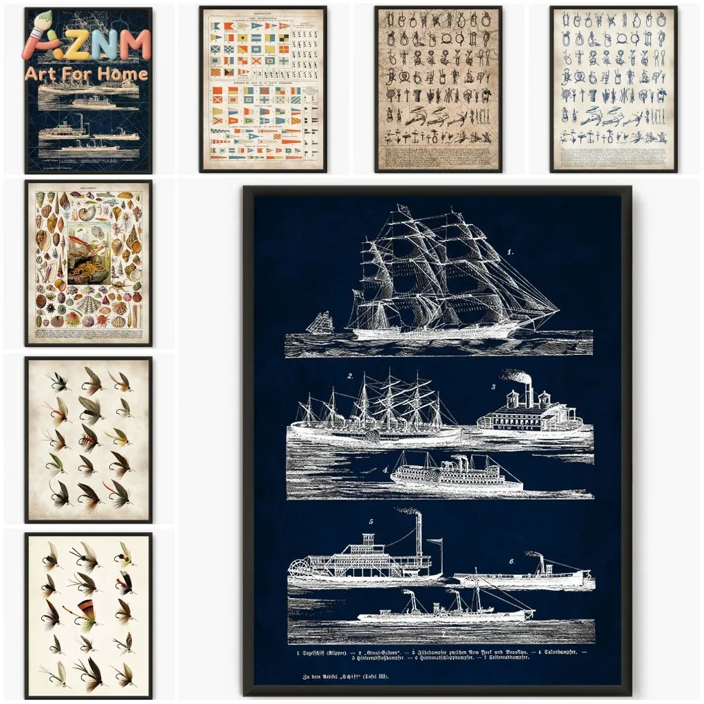 AZNM Vintage Nautical Canvas Wall Art Prints Sailing Ship Flag Signal Fly Fishing Lure Marine Decor Poster