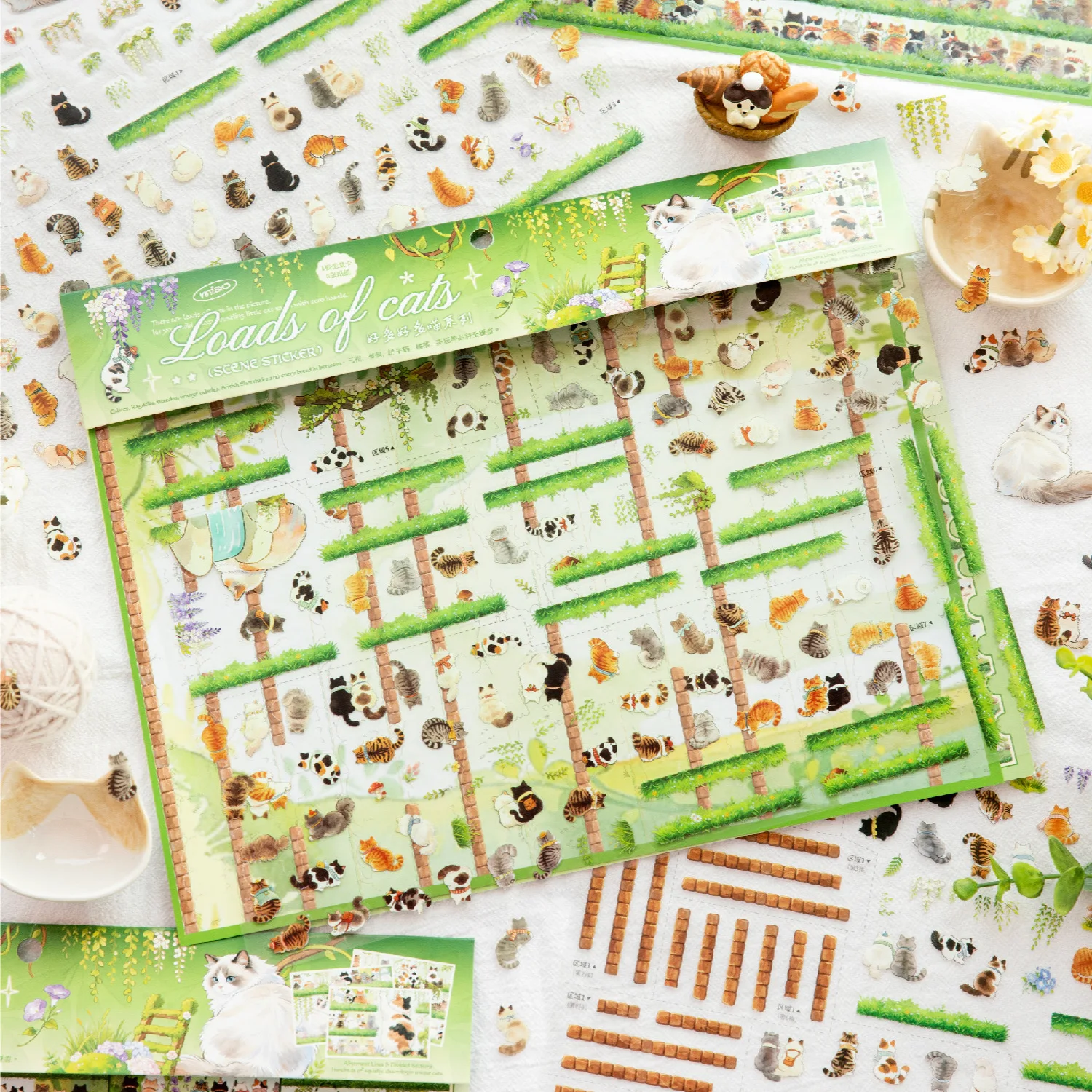 3 sheets Gentle Healing Cat Courtyard Scene Stickers, Fresh Pastoral Pet Collage DIY Scrapbook Accessories