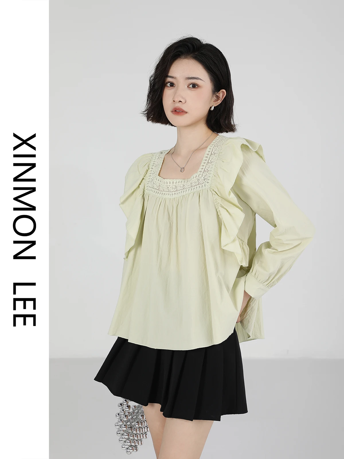 

XinmonLe Early Spring Korean Sle Square Collar Lace Trim irt Women's Ele Beautiful Top Small irt Commute Sle