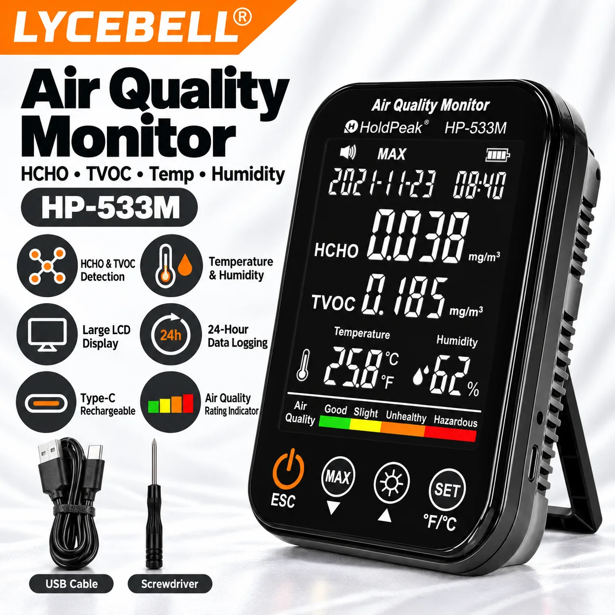 Air Quality Monitor for Home with HCHO, TVOC, Temperature and Humidity Readings, 24H Data Logging and Voice Alarm, HoldPeak 533M