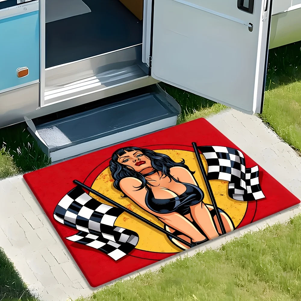 Racing Flag Pin-Up Doormat – Non-Slip Flannel with Vintage Bikini Woman & Checkered Flags on Red, Entryway Kitchen Bathroom