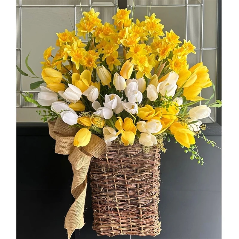 

Реалистичные искусственные корзины с цветами тюльпана, подвесной декор, венки для дома, двери фермерского дома, сада, весна-лето, цветочные композиции