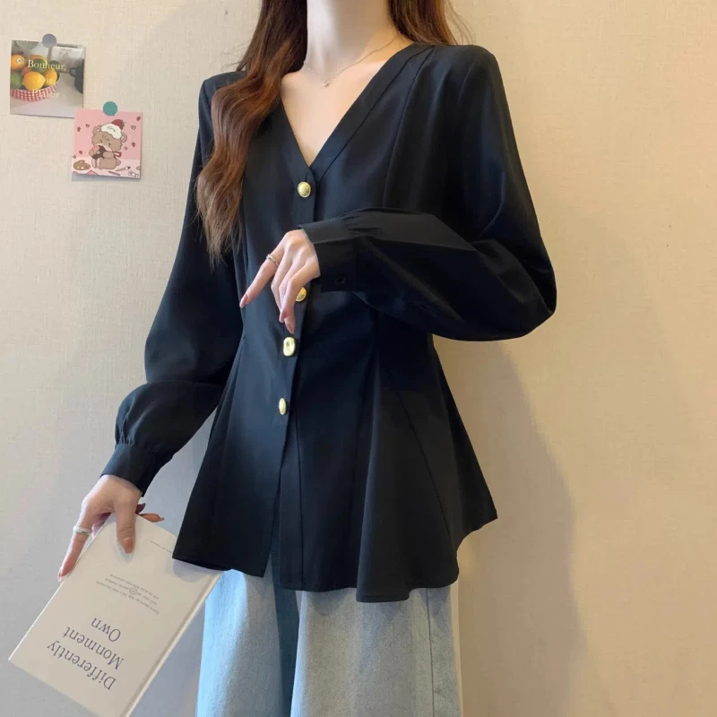 Spring Autumn New Elegant Fashion Solid Blouses Women's Clothing Casual Loose V Neck Cardigan Korean Style Long Sleeve Shirts