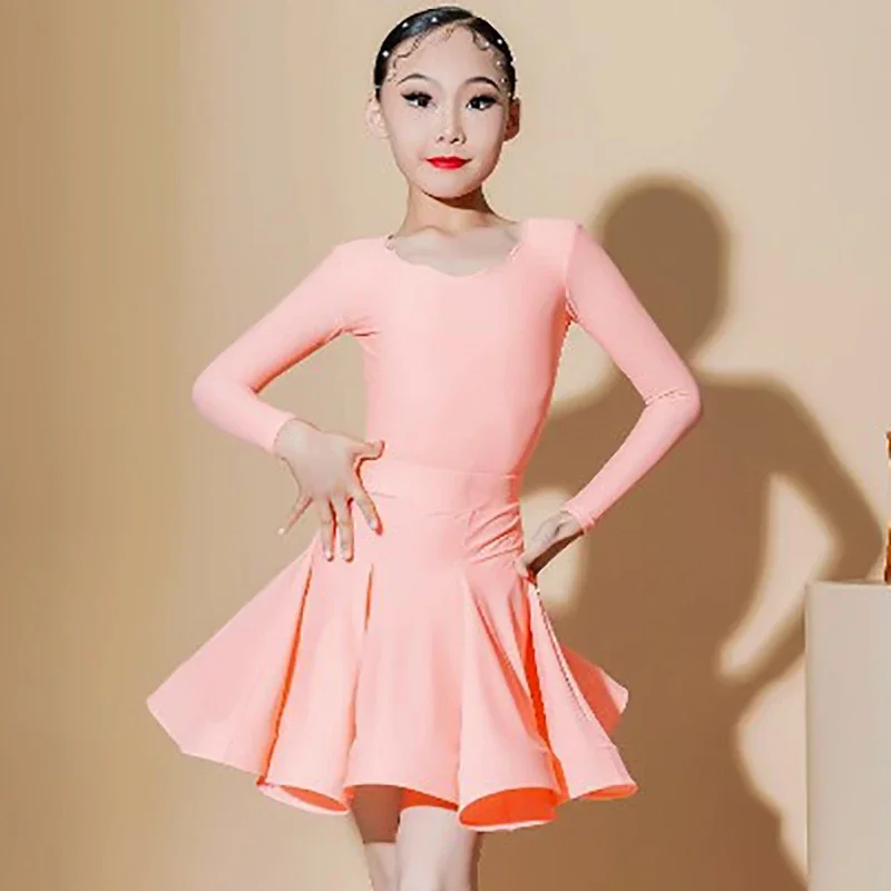 Children Long Sleeve Professional Regulations Latin Dance Costumes for Girls Kids Competition Big Skirt Performance Dancewear