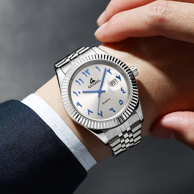 New Hot-Selling Men's Stainless Steel Five-Link Steel Band Watch with Arabic Numerals, Business Style, Round Case, Calendar Display Function, Valentine's Day Gift, Father's Day Gift, Holiday Gift, Halloween Gift view 3