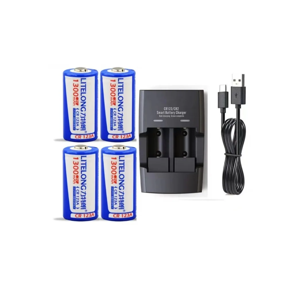 4pcs/lot 3.0v CR123A Rechargeable Battery LiFePO4 1300mAh Lithium Battery with Smart CR2 CR123A Battery Charger