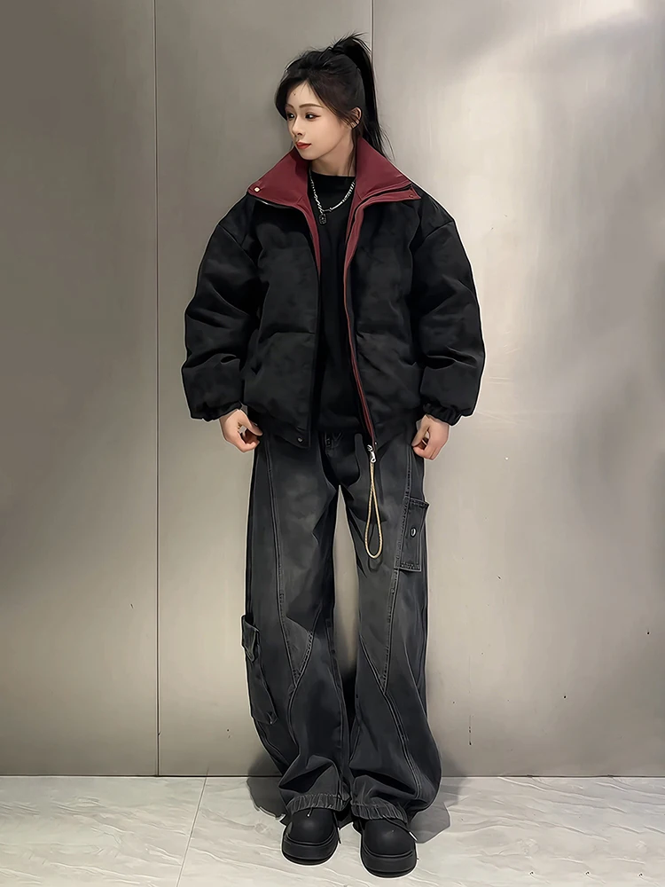 

Caramel Dyed down Cotton Jaet Men's Winter ort PU Leather Coat Premium Feel Stand Collar Couple's Bread Sle Coat