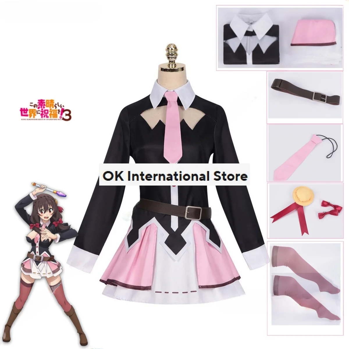 Anime God’s Blessing on This Wonderful World New Character Yunyun Cosplay Costume Top Dress Bow Tie Headwear Belt Stocking Set