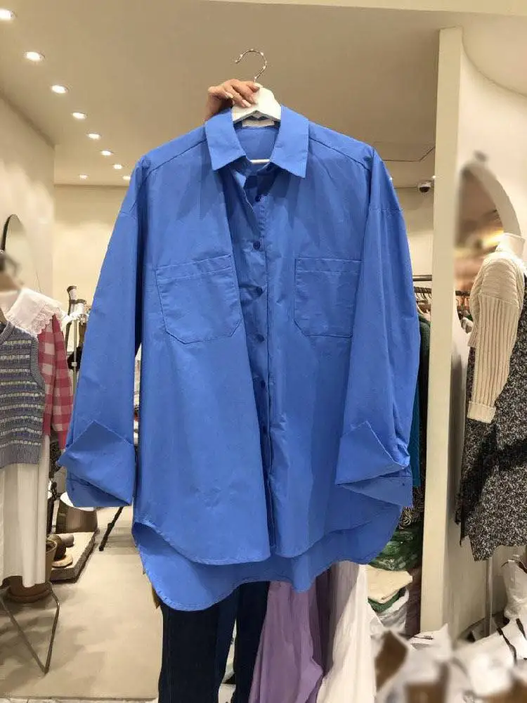 

Spring New Temperament Casual Long Sve irt Women's Premium Faion Cotton Pure Color Button up Front Ba ort