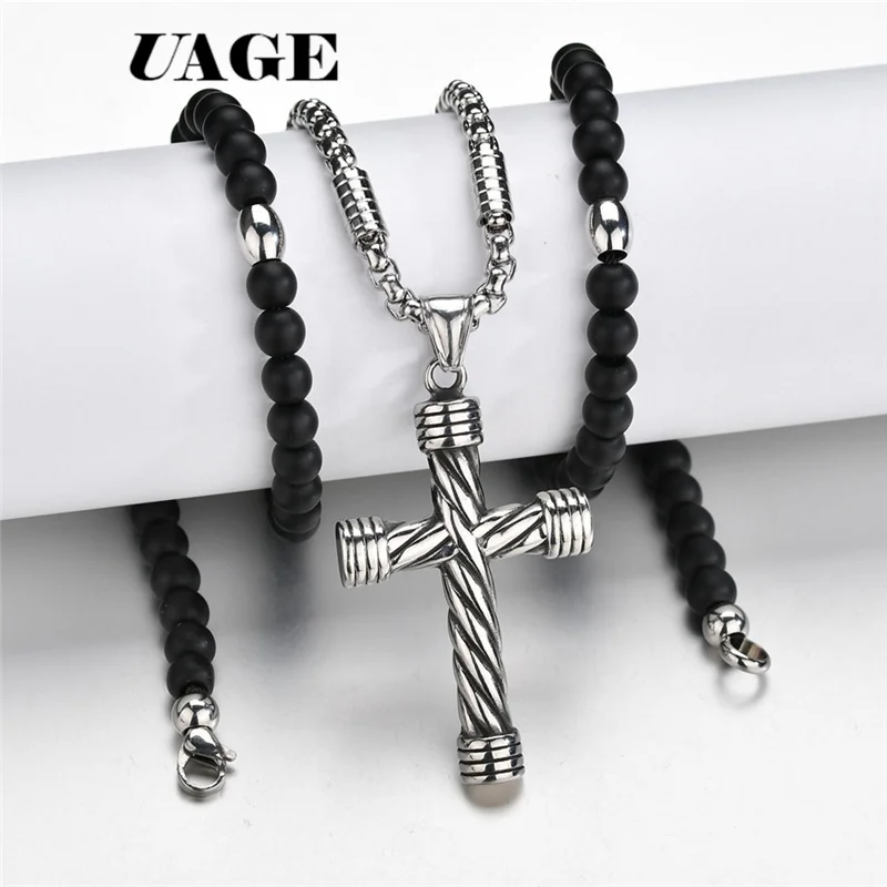 UAGE 2018 New  Cross Pendant Necklace For Men Women 316L Stainless Steel Rosary Beads Necklace Religious Jewelry