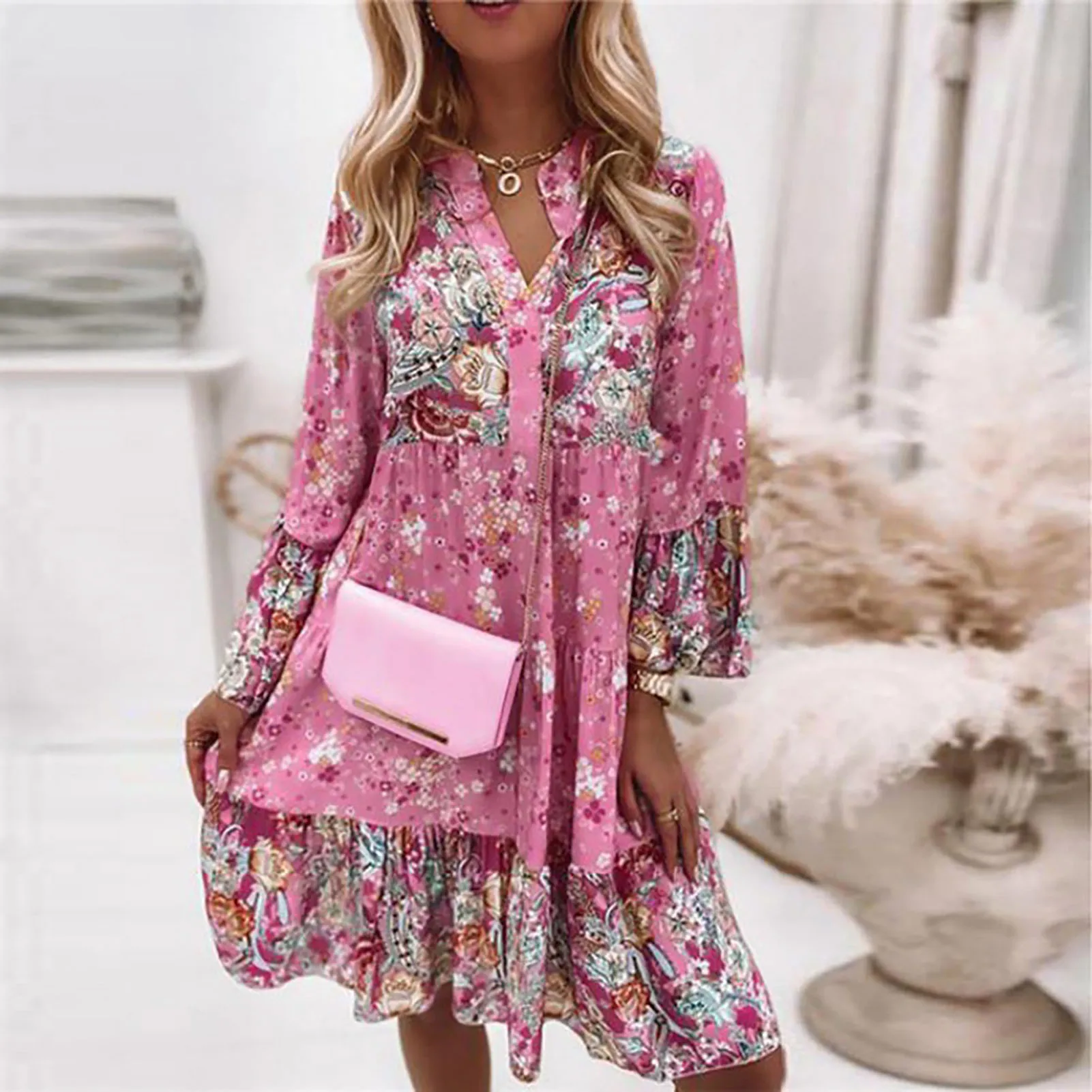 Women Summer V-Neck Dress Female Beach Sun Boho Dress Gift for Mother Woman Lover