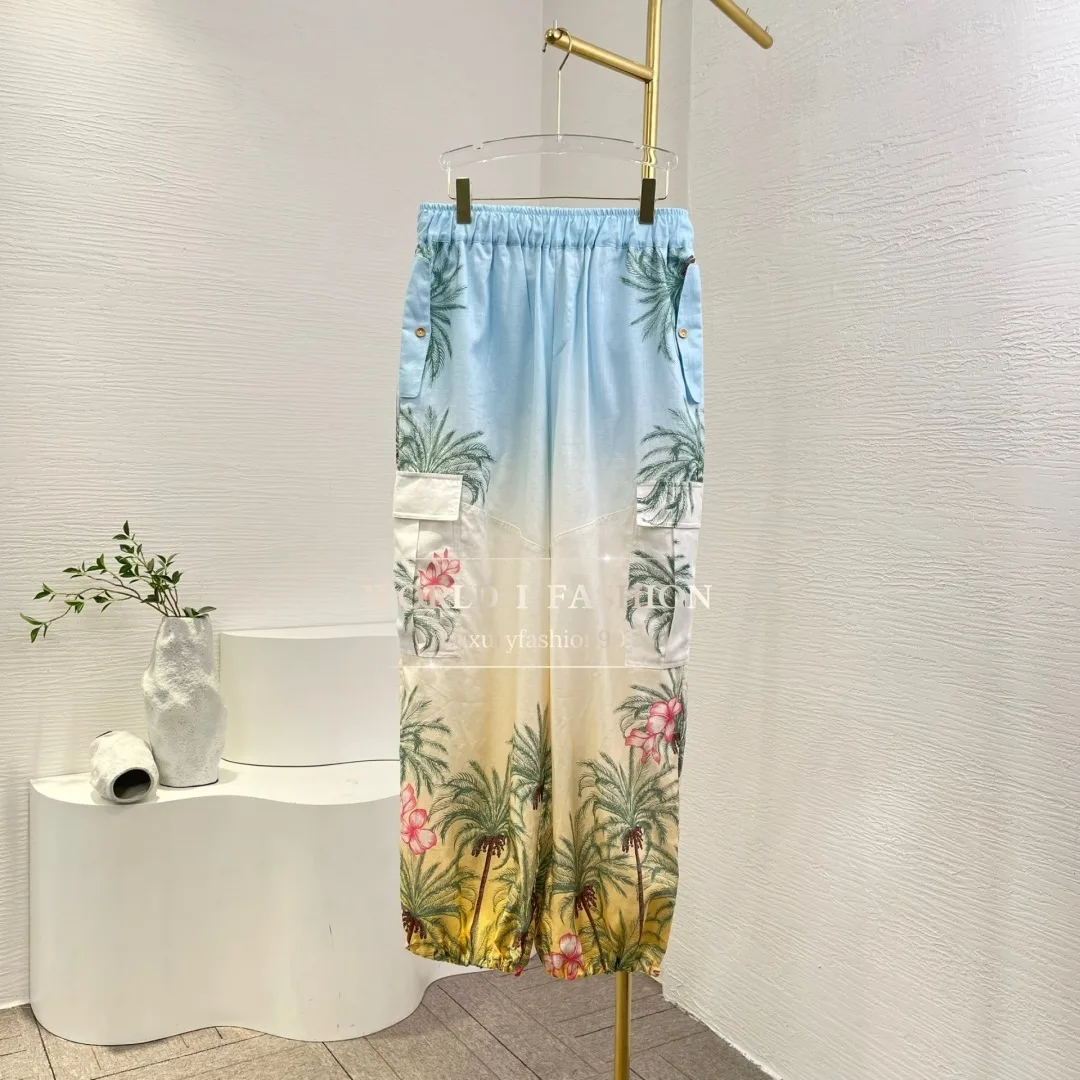 

Топ-труба с бежевыми лепестками цветов и аппликацией, синие и пляжные плиссированные брюки Wind Island, ансамбль Femme 2 Pièces