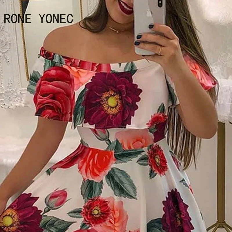 Abito da vacanza da donna con spalle scoperte Cami Ruffles con volant e stampa multicolore 2021