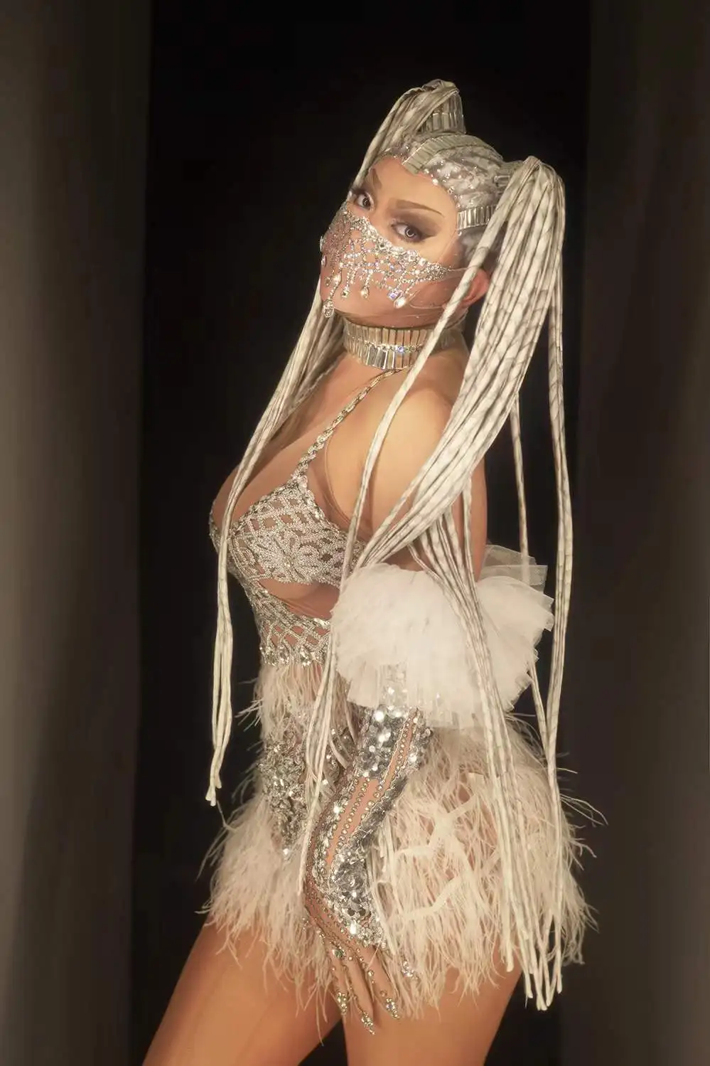 Sarung Tangan Gaun Bulu Payet Mengkilap Kostum Penari Pesta Ulang Tahun Gogo Bar Klub Malam Kostum Drag Queen Seksi Kostum Panggung Penyanyi