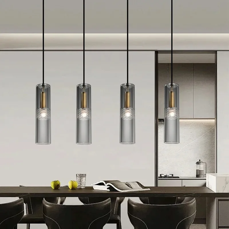 REVEN Modern Glass Pendant Light Multi Drop Chandelier Smoky Cylinder Shade Gold Metal for Living Room Staircase Decor