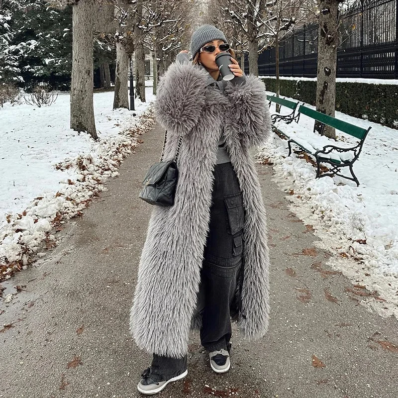 Extra Long Luxury Lamb Fur Teddy Coat Women Spring Ladies Mob Wife Style Oversized Chunky Faux Fur Jacket Overcoat