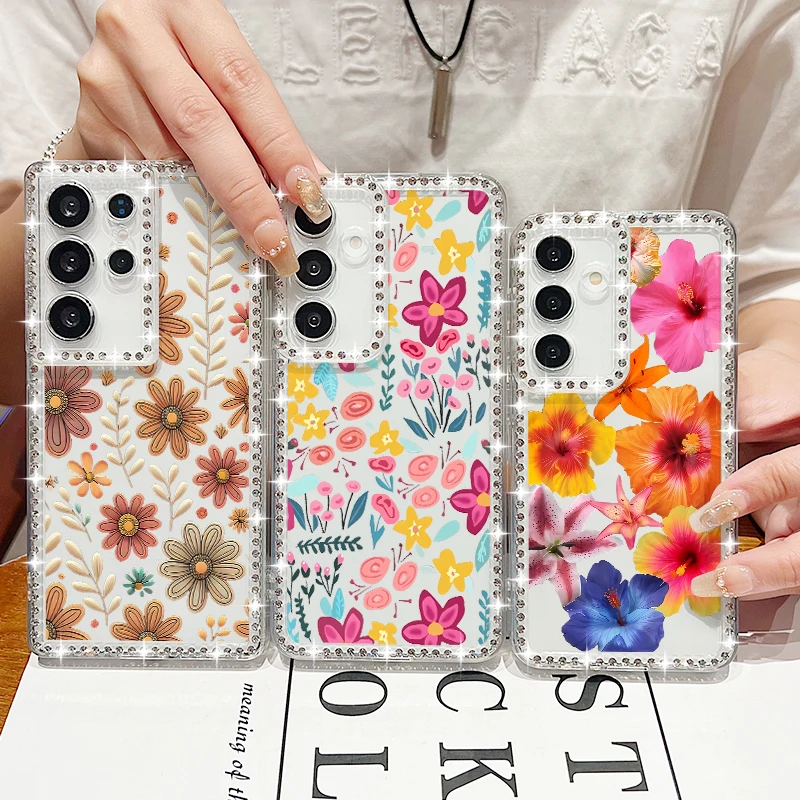 Watercolor Flower Diamond Case For Samsung Galaxy S25 Ultra S24 S23 S22 S21 FE A15 A16 A26 A35 A36 A54 A55 A56 5G S25 Edge Capa