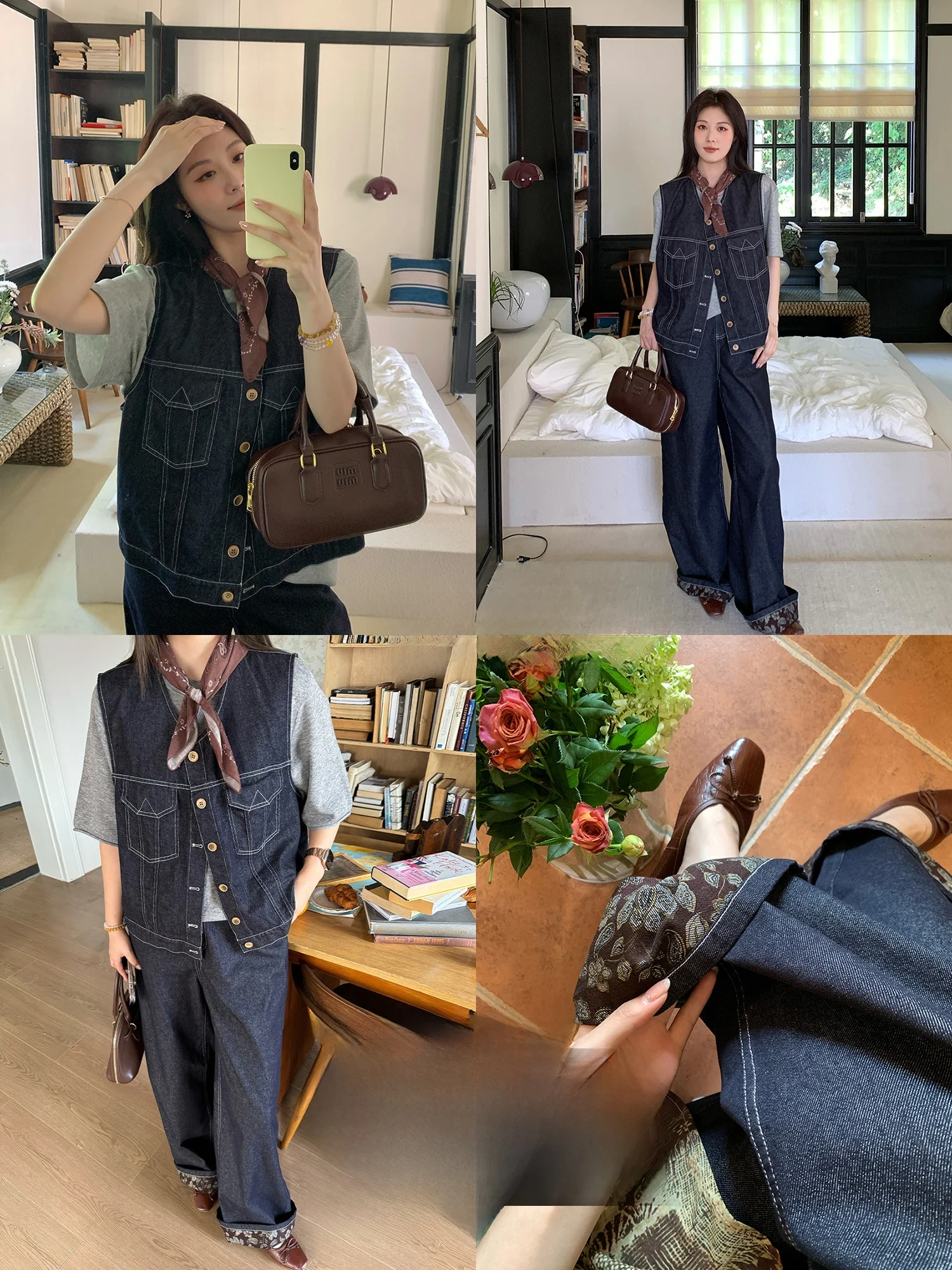 

Комплект NAZ: осенний повседневный костюм из хлопка и денима с принтом, топ и брюки с высокой талией, винтажный стиль, комфортная одежда для полных женщин