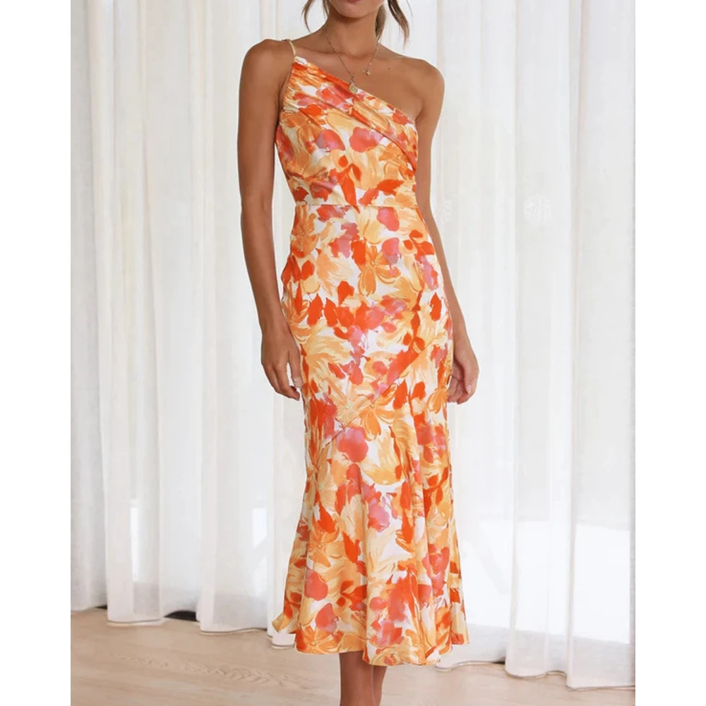 

Women Floral Print One Shoulder Long Dress Summer Fashion Spaghetti Strap Ruched Ruffles Hem Dress Female Midi Dresses Outfits