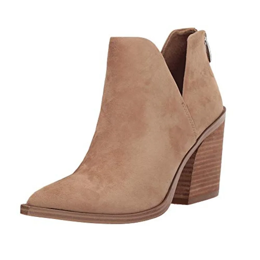 

Kathemoi Womens Slip on Ankle Boots V Cutout Pointed Toe Chunky Stacked Mid Heel Booties