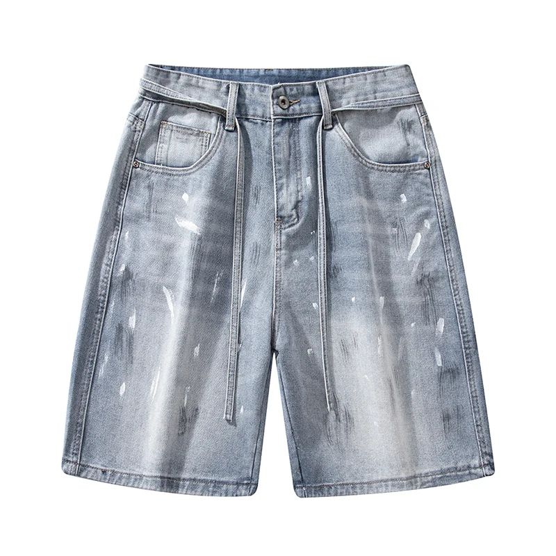 ฤดูร้อนผู้ชายRelaxed Fit Cargo Denimกางเกงขาสั้นStreetwear ElasticเอวHeavy-Duty Burnedล้างกลางความยาวกางเกงยีนส์สั้นกางเกง