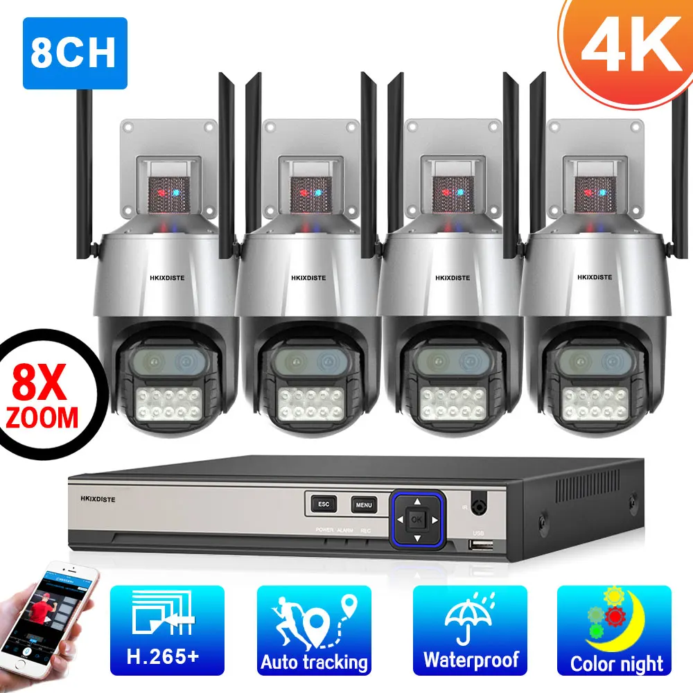 

4K PTZ CCTV Camera Security System Kit 4CH Outdoor Color Night Vision 8X Zoom Wifi IP Surveillance Camera with 8MP 8CH POE NVR