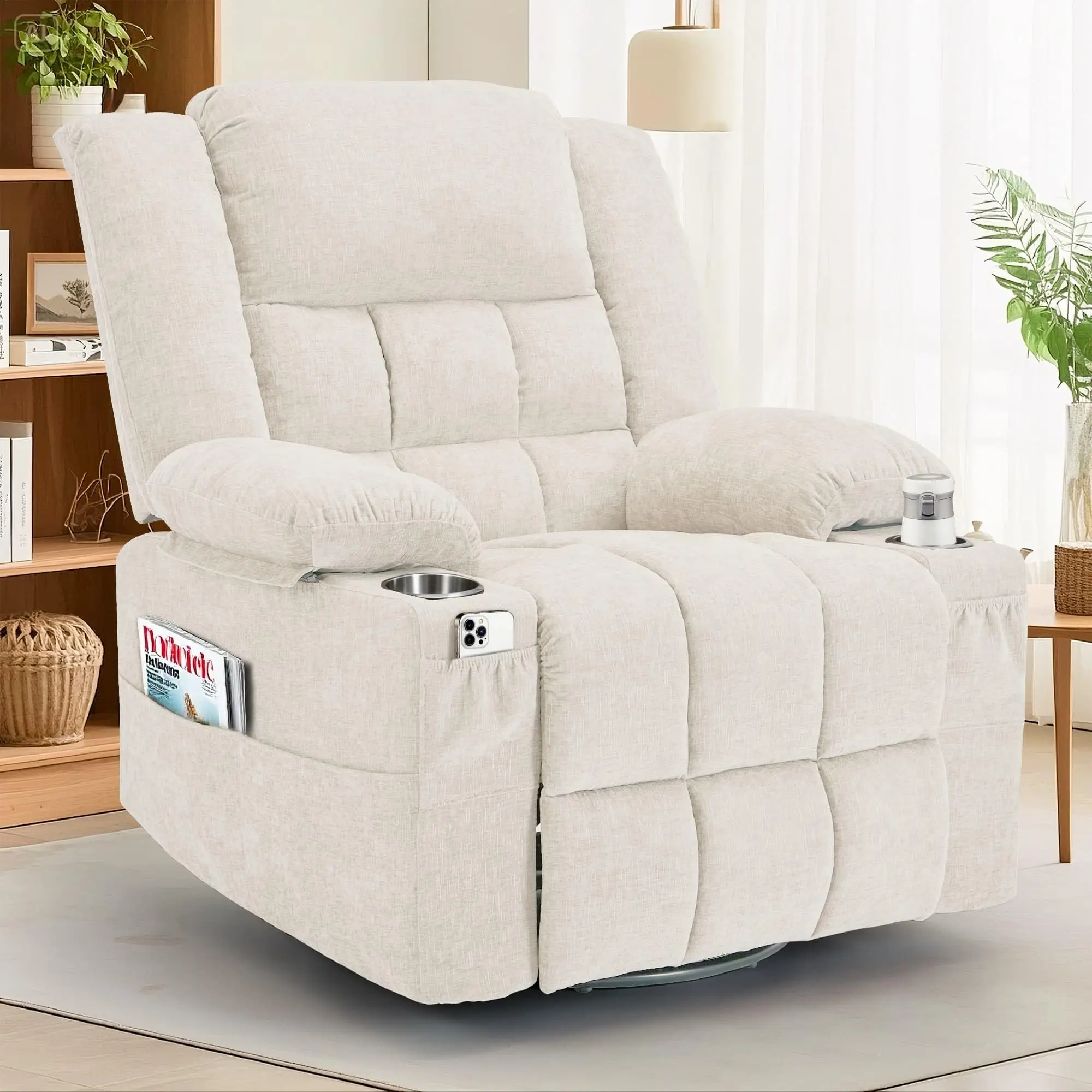 360° Swivel Rocker Recliner for Adults, Nursery Glider Recliner with Massage and Heating, Rocking Chair with Cup