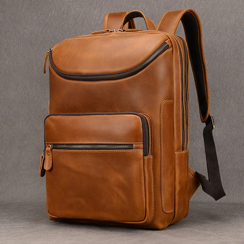 2023 New Fashion Leather Bagpack Bag 14 15.9 Laptop Backpack For Man Male Genuine Leather Men\'s Travel Bagpack Crazy Horse Skin