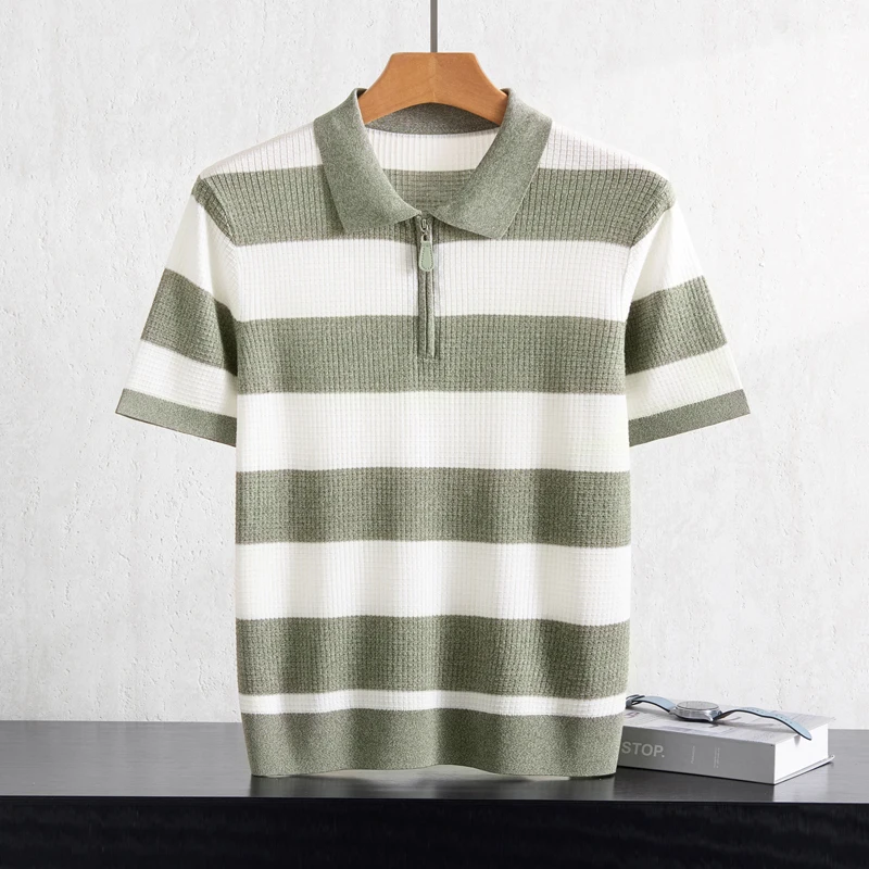 Men's Comfortable Breathable Stripe Polo T-Shirt Short Sleeve Half Zip Collar Fashion Basic Fit