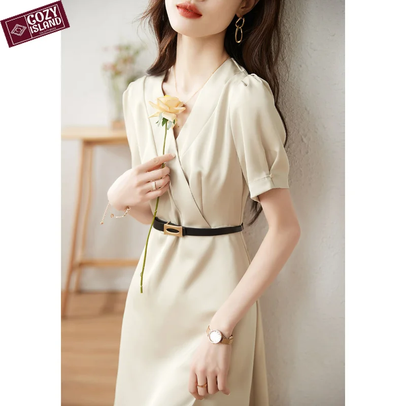 

Платье женское с коротким рукавом, офисный костюм во французском стиле, приталенный модный сарафан с поясом и V-образным вырезом, одежда на лето