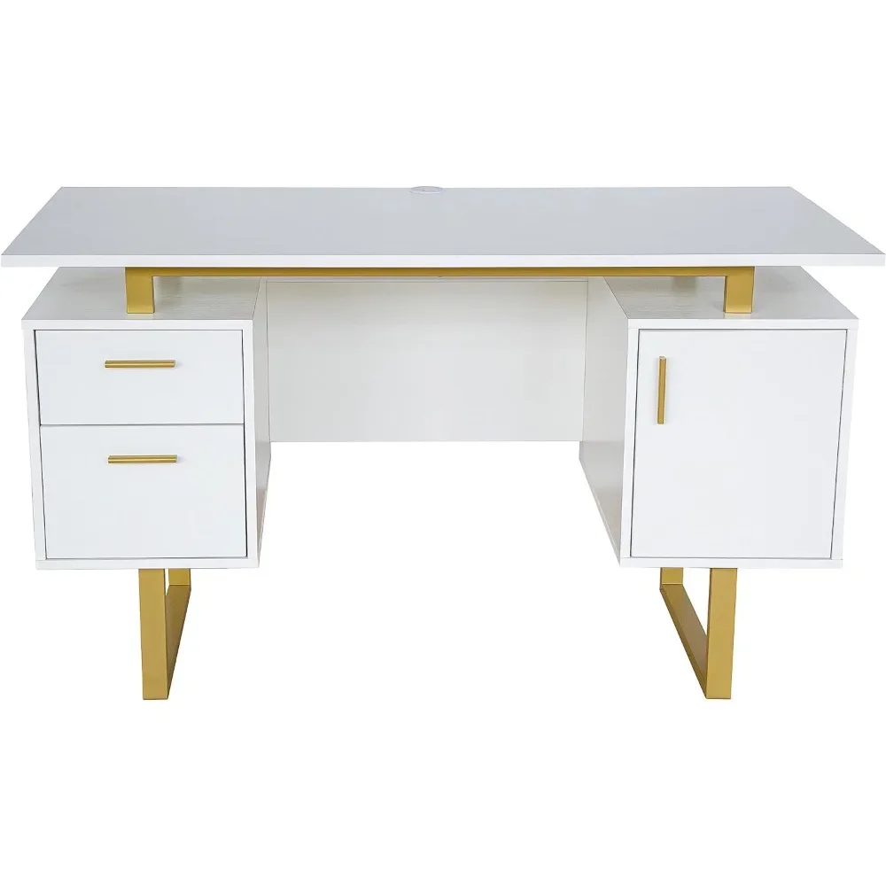 Storage Drawers and Cabinet 51.25” W-Modern Office Large Floating Desktop Surface Desk White/Gold Freight Free Computer Table