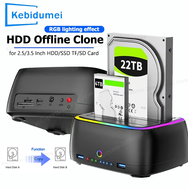 Dual-bay Hard Drive Station Offline clone Data USB3.0 5Gbps RGB Adapter for 2.5/3.5 Inch HDD/SSD TF/SD Card With 12V 3A EU Power