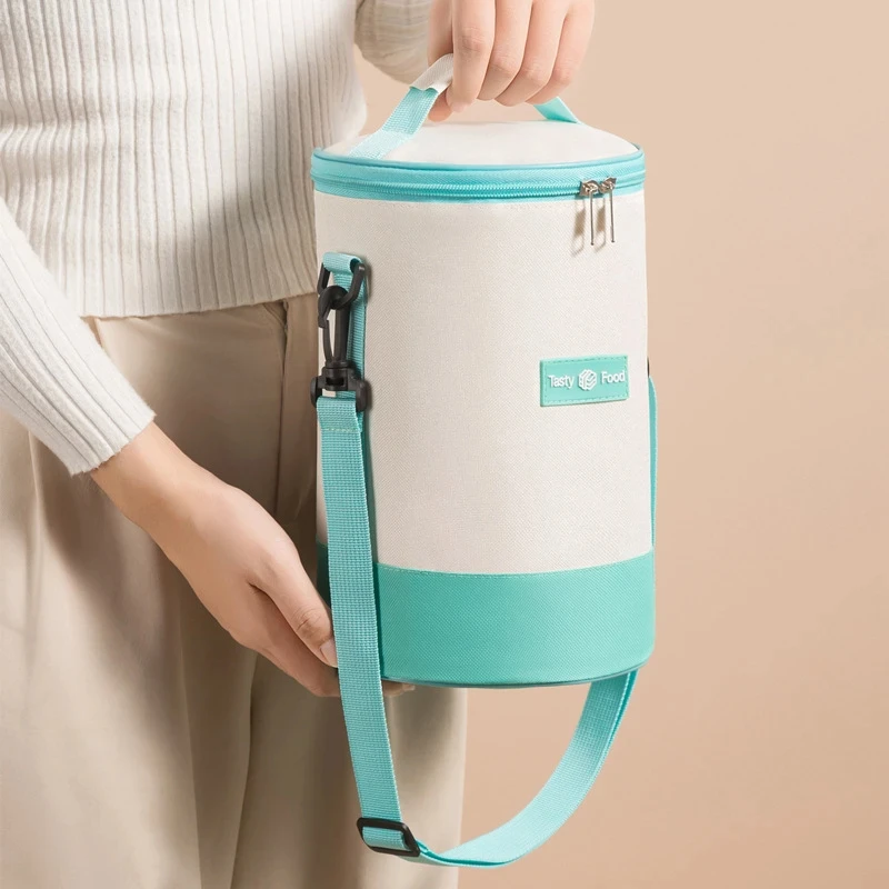 Large Capacity Portable Lunch Bag Fresh-Keeping Cylindrical Insulated Lunch Box Tote Round Aluminum Foil Food Thermal Cooler Bag