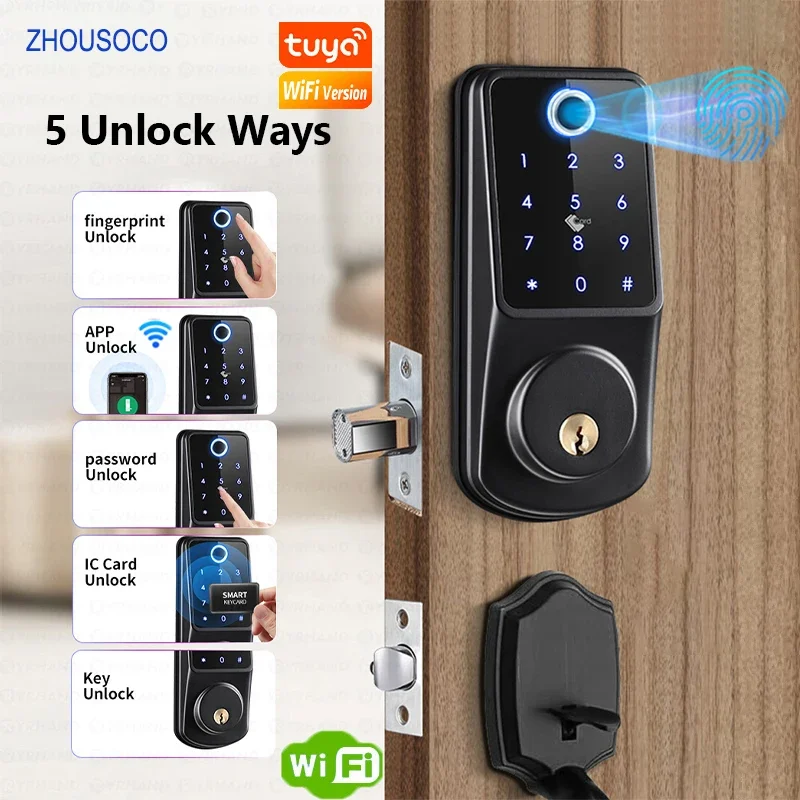 TUYA Wifi Fingerprint Smart Deadbolt Locks Biometric Digital Lock APP Password Card Keyless Entry Electronic Door Lock for Home