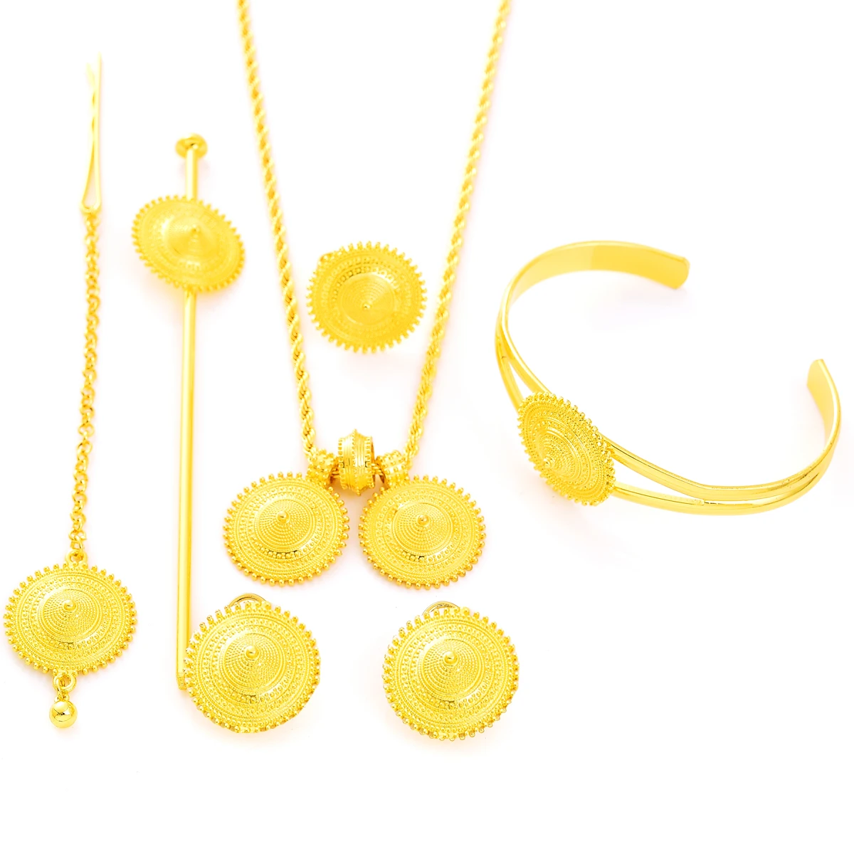 Ethiopian Jewelry Set Pendant Earrings Ring Hairpin Head Chain Bangle 6-Piece Sets African Eritrean Wedding Engagement Gift #108