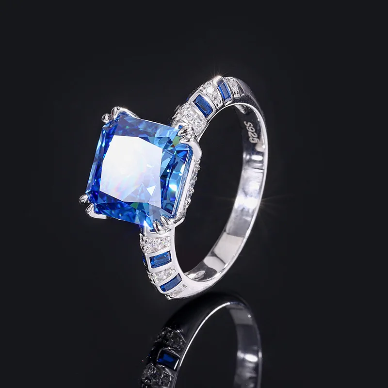 New S925 Silver High Carbon Diamond Princess Square Luxury Jump Color Ring Female Lead Stone 10 * 10