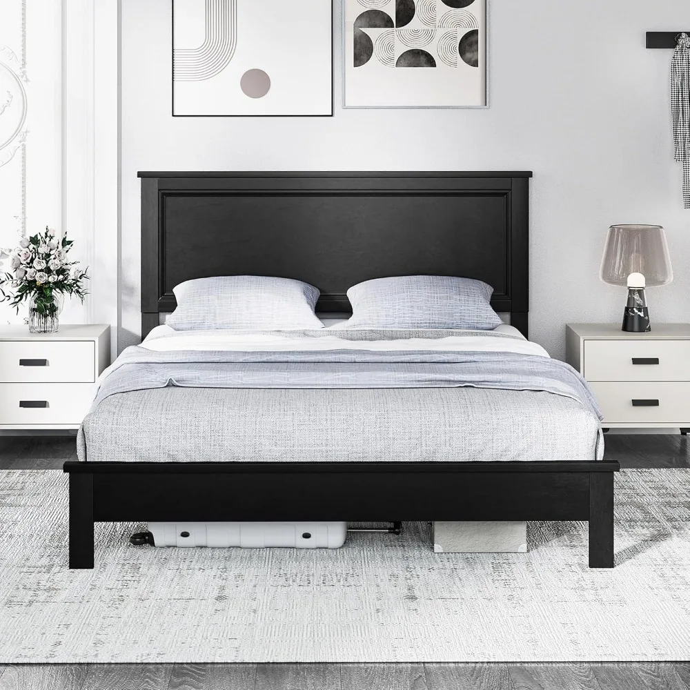 

Wood Queen Platform Bed Frame with Headboard, Mid Century Beds Frames with Solid Wood Legs & Wooden Slat Support, Bed Frame