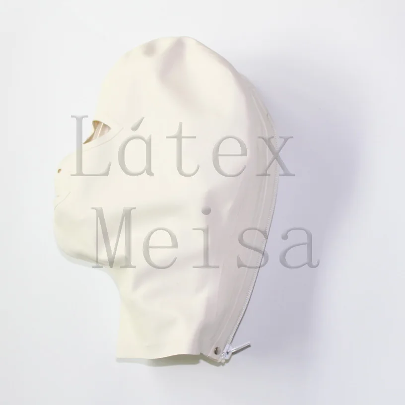 Masque catsuit en latex de couleur blanche, yeux ouverts, narines et bouche attachée, fermeture éclair au dos pour adultes