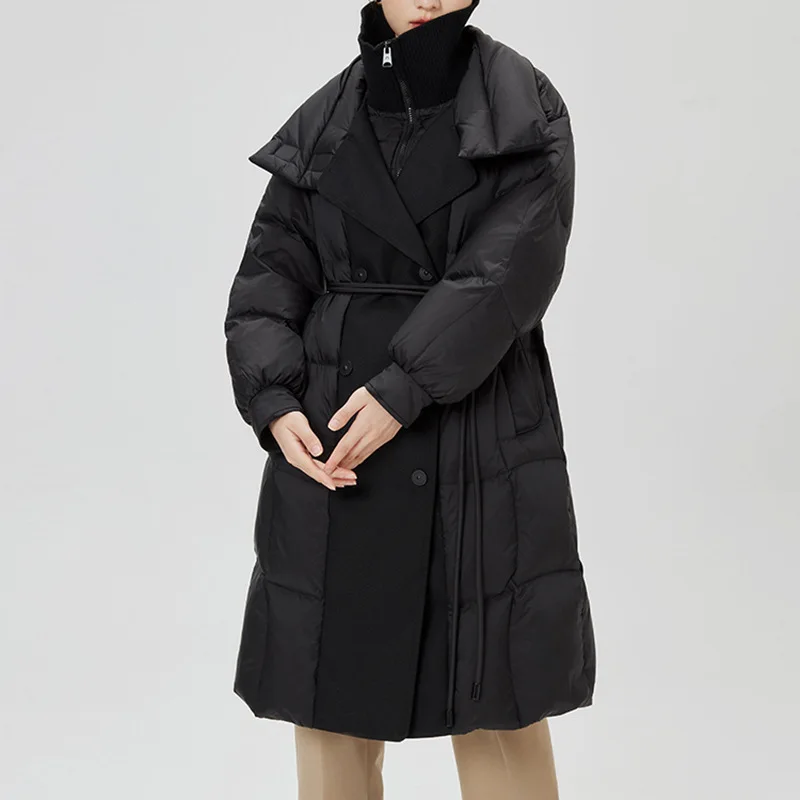 معطف نسائي شتوي جديد لعام 2025 طويل للأسفل معطف عالي الخصر برباط وطية صدر كبيرة بطول الركبة