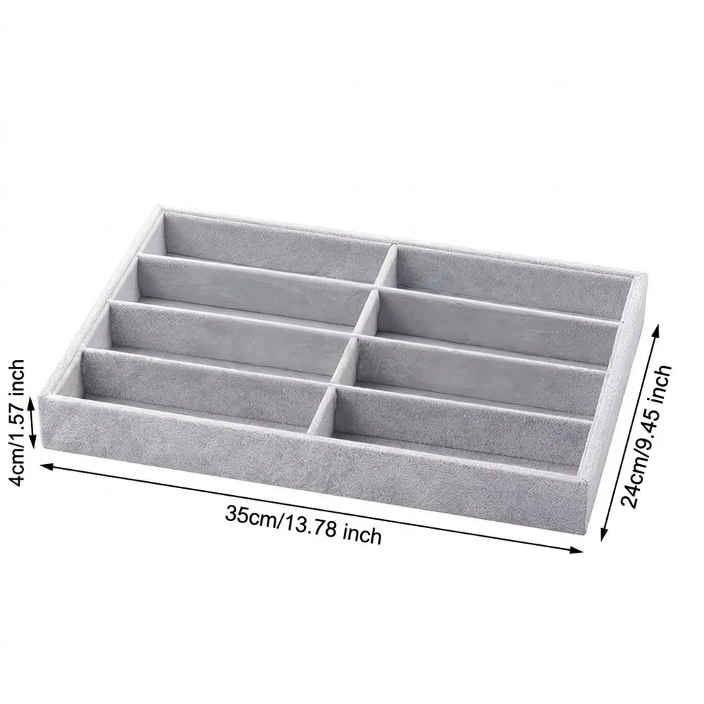 Velvet Organizer Tray for Jewelry Watches Glasses 8 Compartments Stackable Storage Box 35x24x4cm Cloth Material Grey Beige