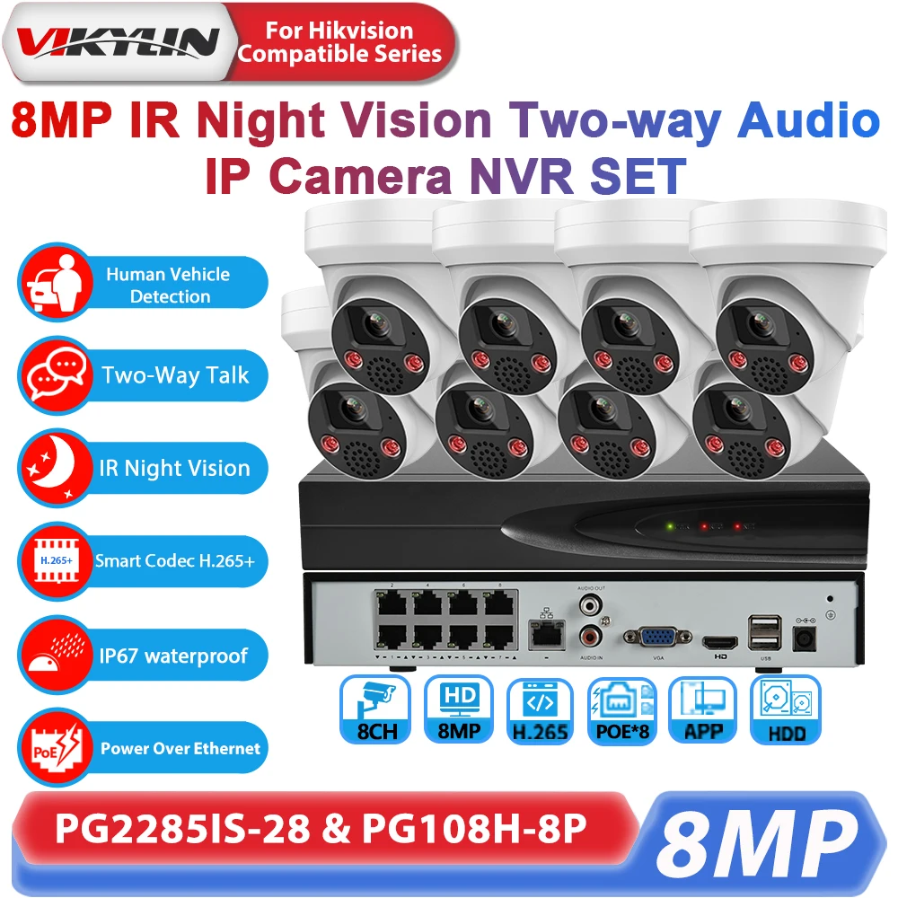 Vikylin 8MP 2 IR Light Two-Way Audio IP Camera 4K 8poe Network Video Recorder Security Video Surveillance CCTV Security System