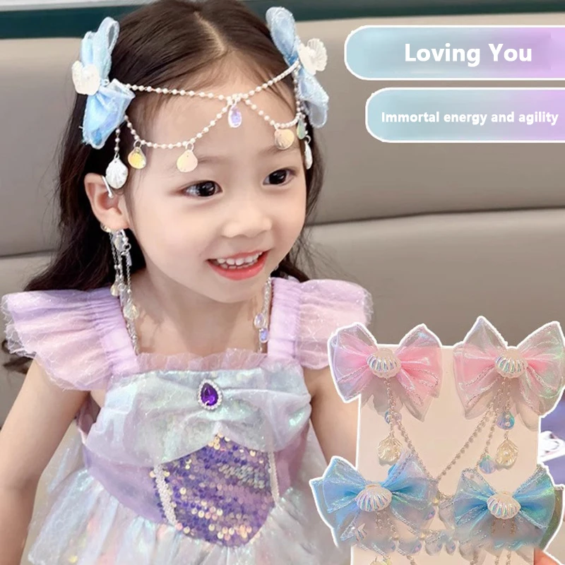 Cartoon Mädchen Haarspange Kinder Meerjungfrau Prinzessin Perlen Fransen Rosa Lila Schleife Stirnkette Haarnadel Feen Ohrhänger Accessoires – Detail 4