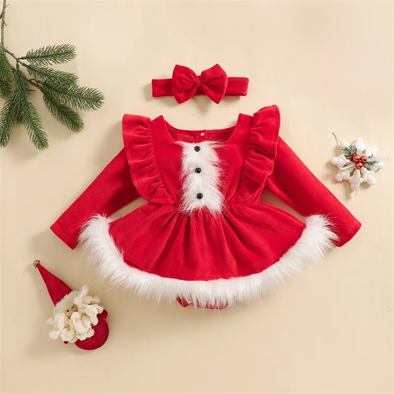 Baby Girls Romper Dress Terry Trim Ruffled Long Sleeve Jumpsuit Bow Headband Adorable Outfits