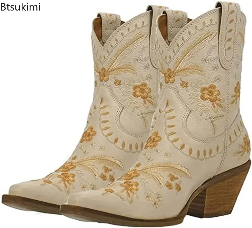 New 2024 Embroidered Western Boots For Women Ankle Bootie Cowboy Cowgirls Flower Print Fashion Chunke Heel Slip On Ankle Boots