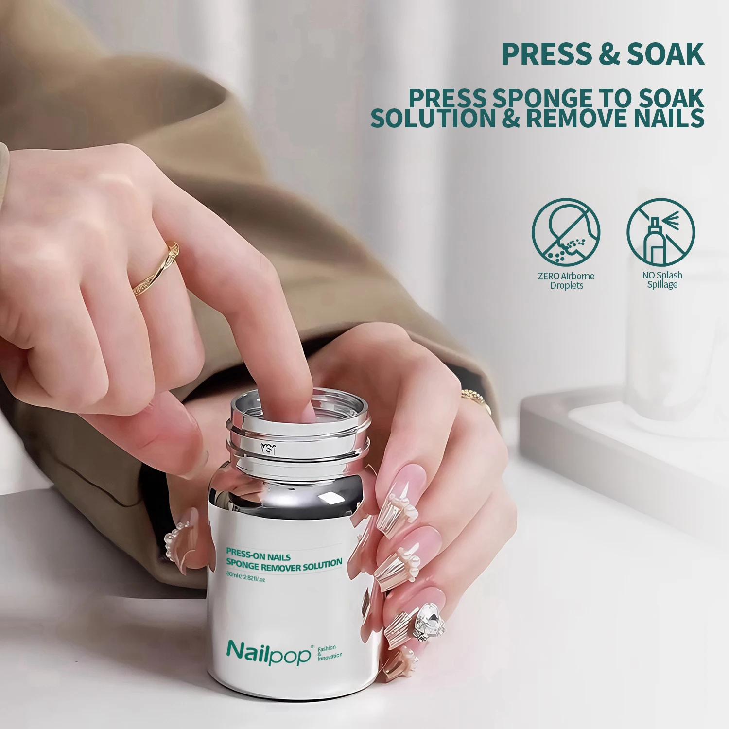 Nailpop Soluzione per rimozione spugna per unghie a pressione 80 ml Rapido 3 secondi Morbido senza danni Rimozione colla per unghie riutilizzabile per punte di unghie finte