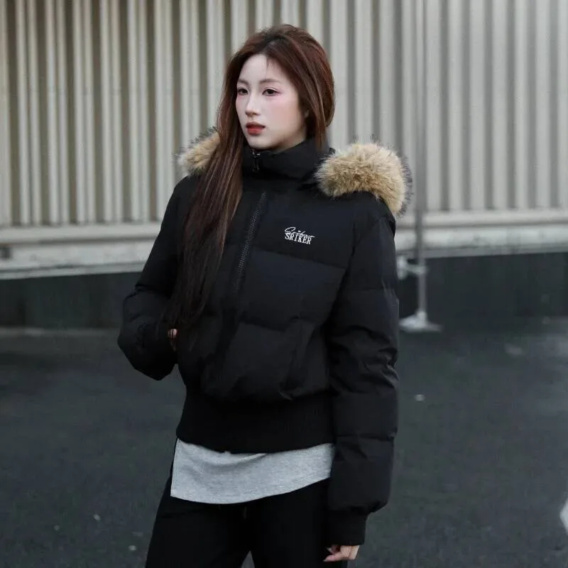 

Winter Short Hooded Jacket Slimming High-End Feel Large Fur Collar Down Outerwear Long Sleeve Zipper Closure