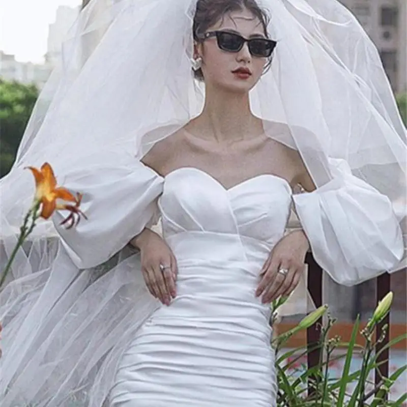 Vestido de noiva sem alças com mangas puff, vestidos de casamento sexy, simples robe cetim, personalizado, nova moda, 2023