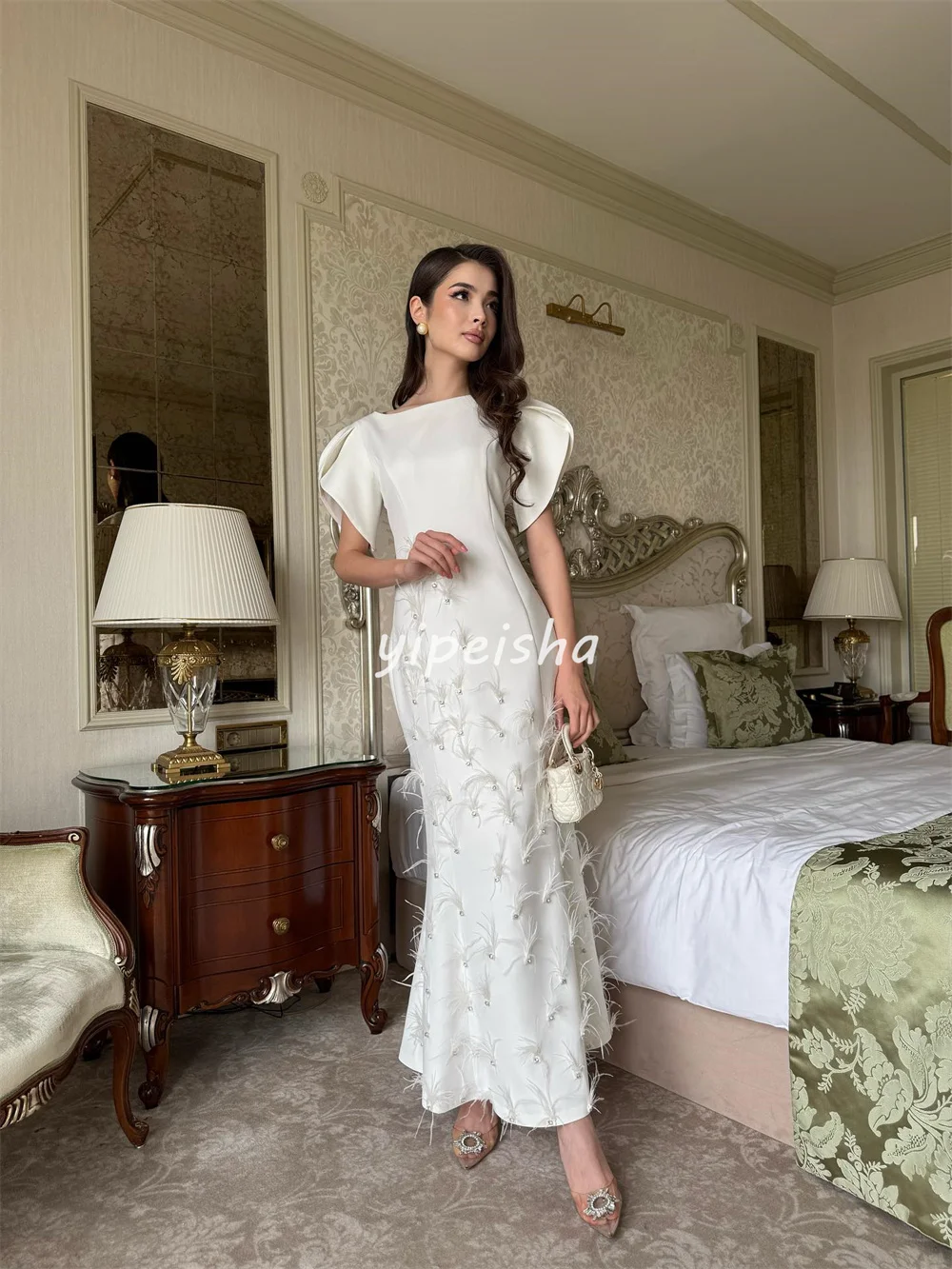 Abiti da cerimonia alla caviglia con scollo rotondo dritto in jersey di moda stile moderno personalizzato Abiti da cerimonia su misura Classici